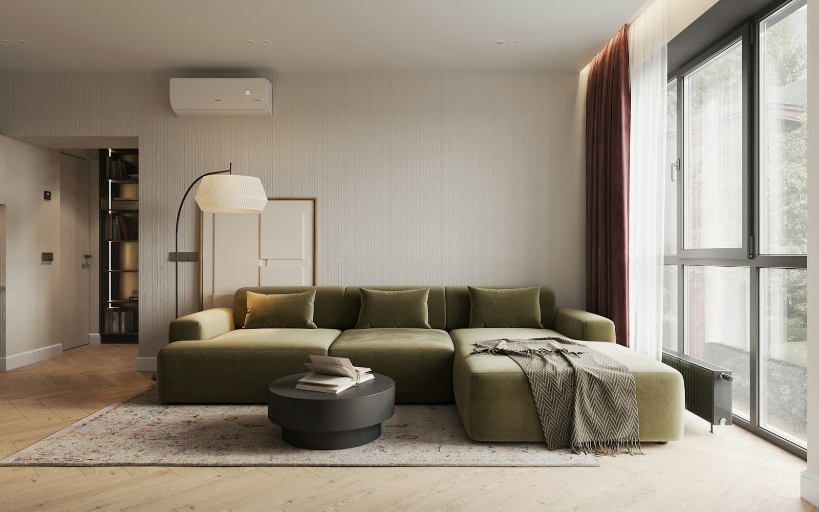 Bright apartment living room with floor-to-ceiling glazing, Executive Towers, Dubai