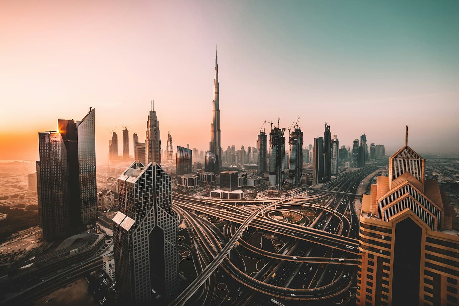 Dubai skyline seen from the west at golden hour, Al Wasl, Dubai
